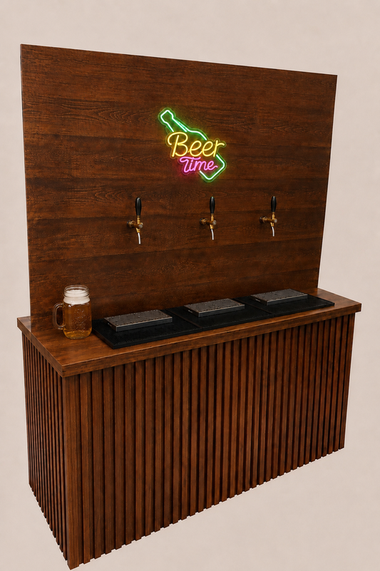 Barra para Cerveza de Barril con 3 Tomas y Letrero Neón LED | Madera Natural 1.5 m