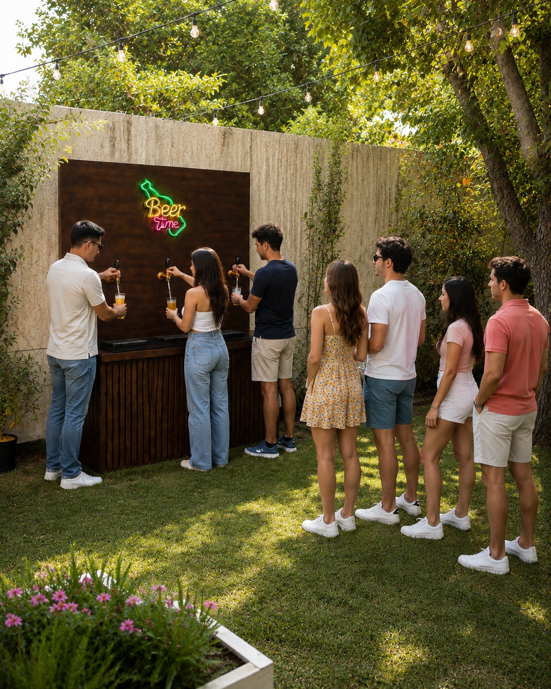 Barra para Cerveza de Barril con 3 Tomas y Letrero Neón LED | Madera Natural 1.5 m