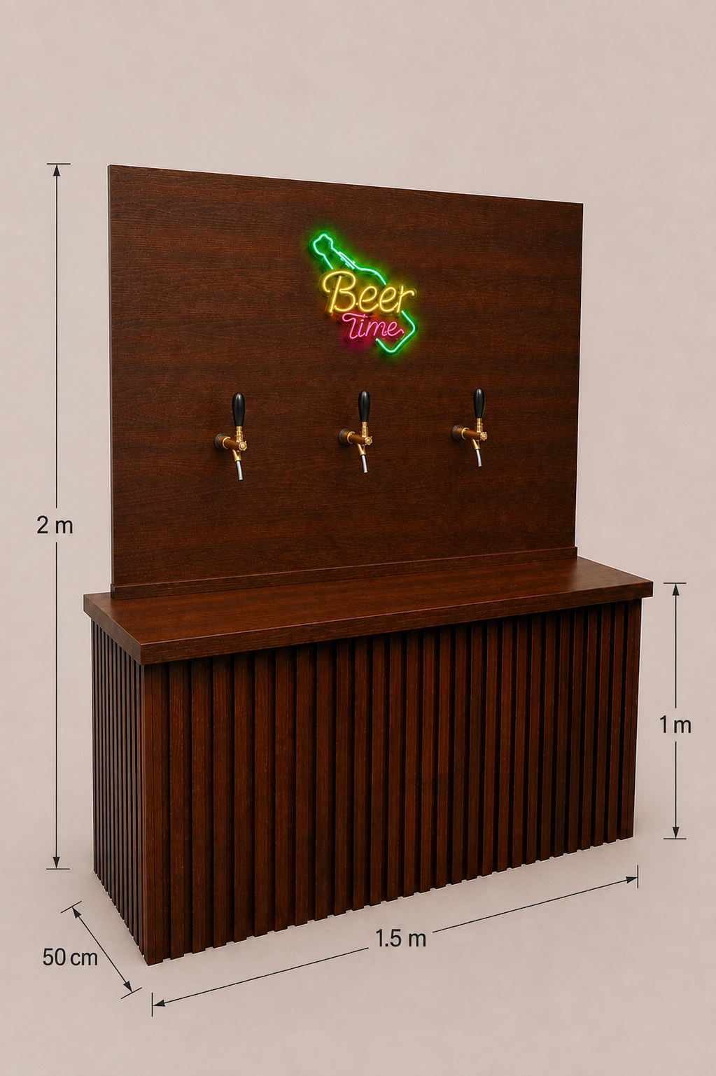 Barra para Cerveza de Barril con 3 Tomas y Letrero Neón LED | Madera Natural 1.5 m