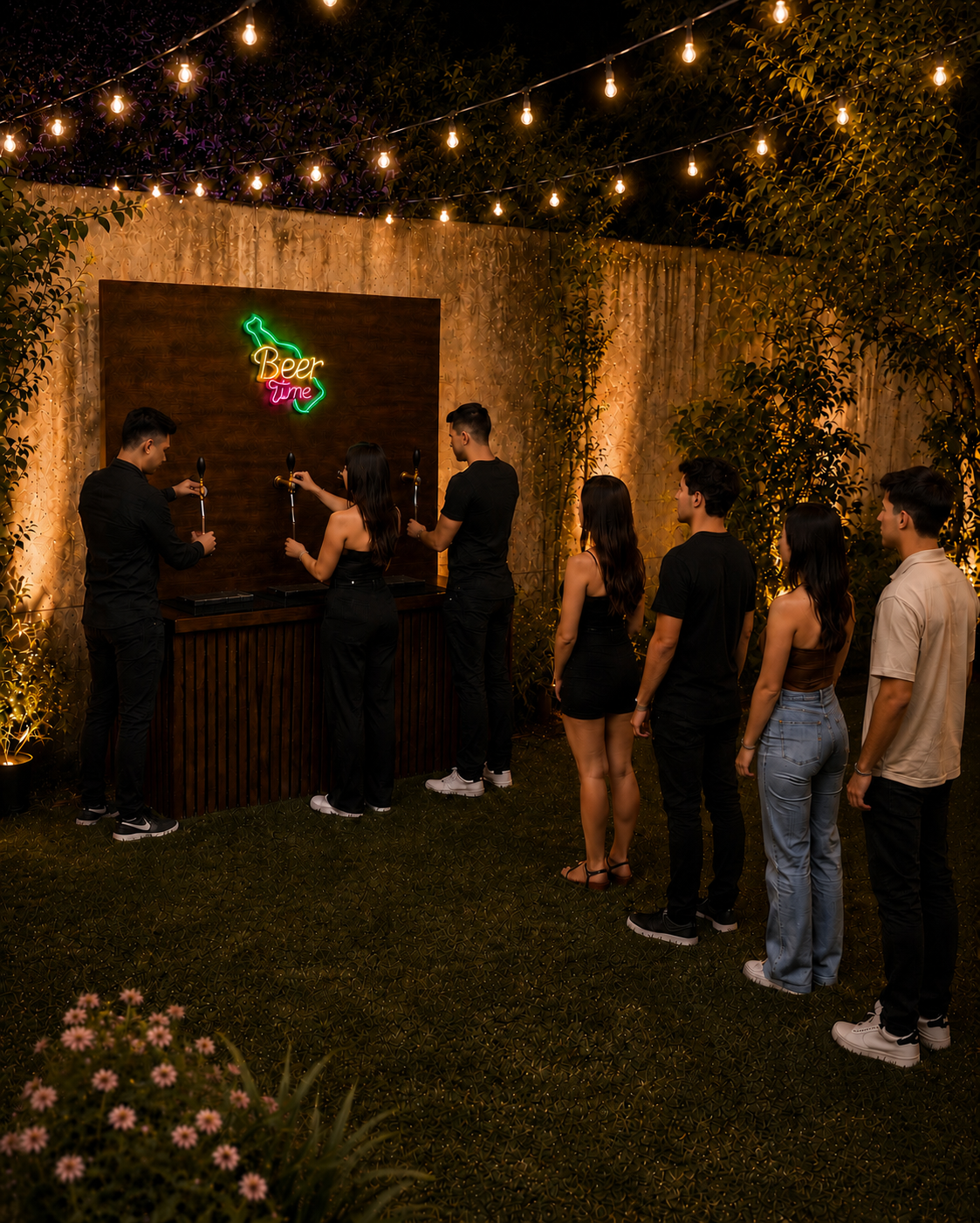 Barra para Cerveza de Barril con 3 Tomas y Letrero Neón LED | Madera Natural 1.5 m
