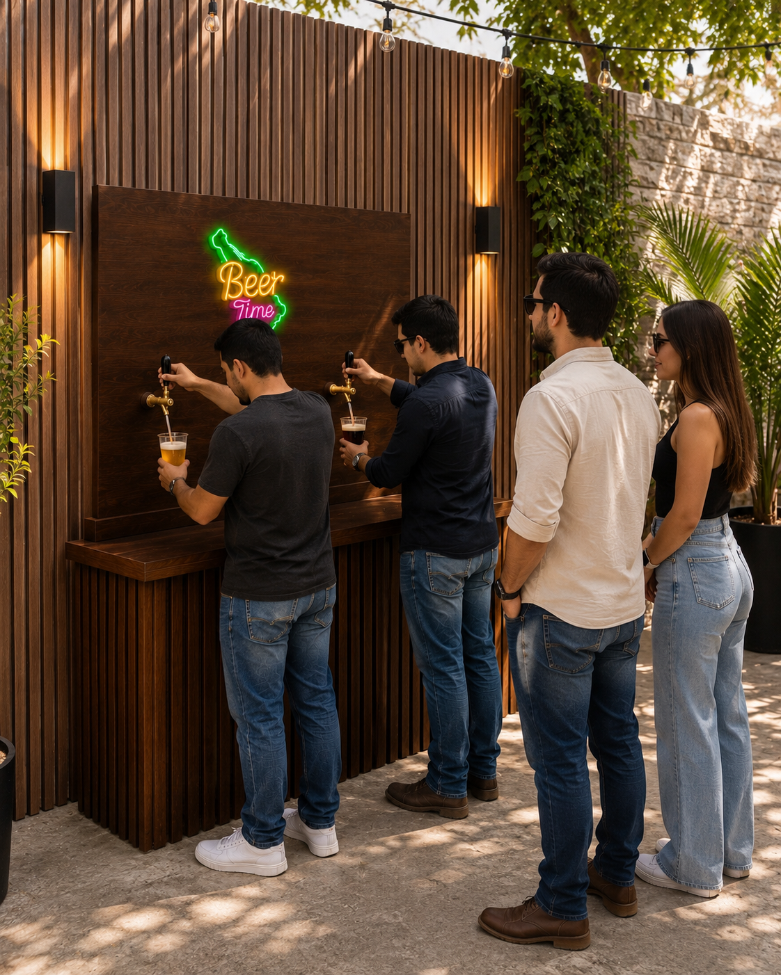 Barra para Cerveza de Barril con 2 Tomas y Letrero Neón LED | Madera Natural 1.2 m