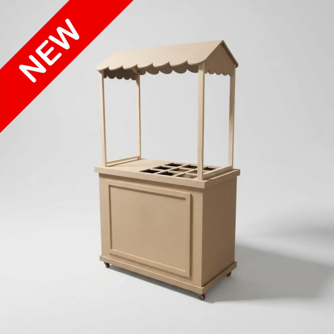 Carrito de snacks desarmable MDF natural con toldo