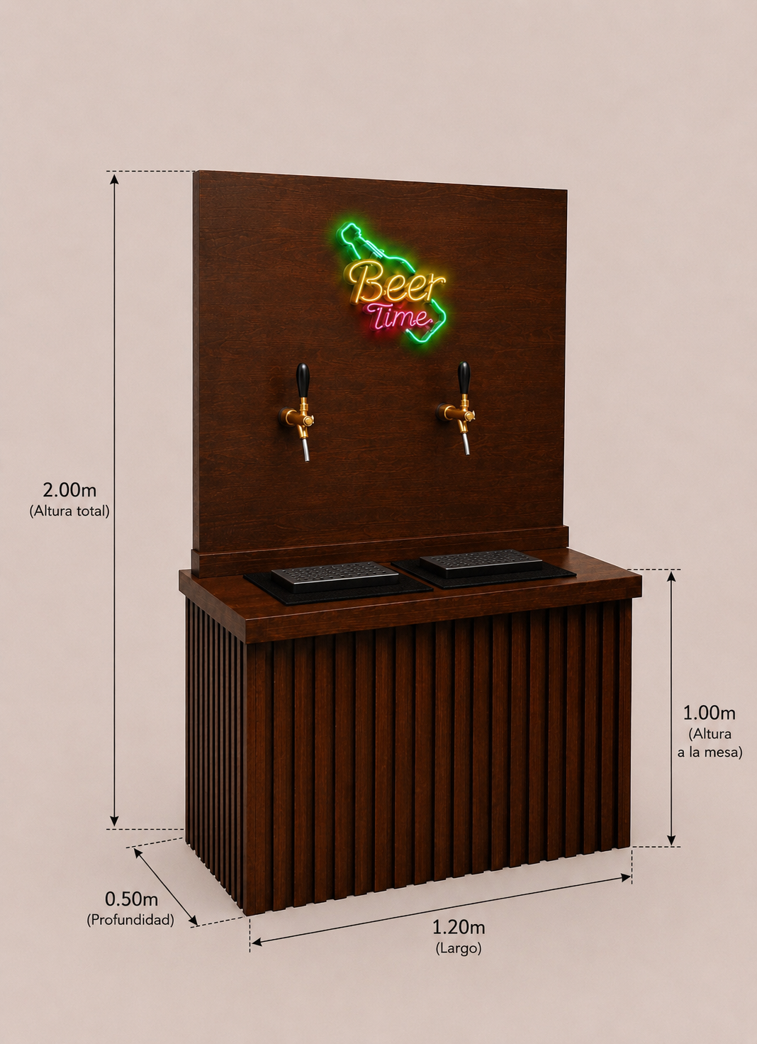 Barra para Cerveza de Barril con 2 Tomas y Letrero Neón LED | Madera Natural 1.2 m