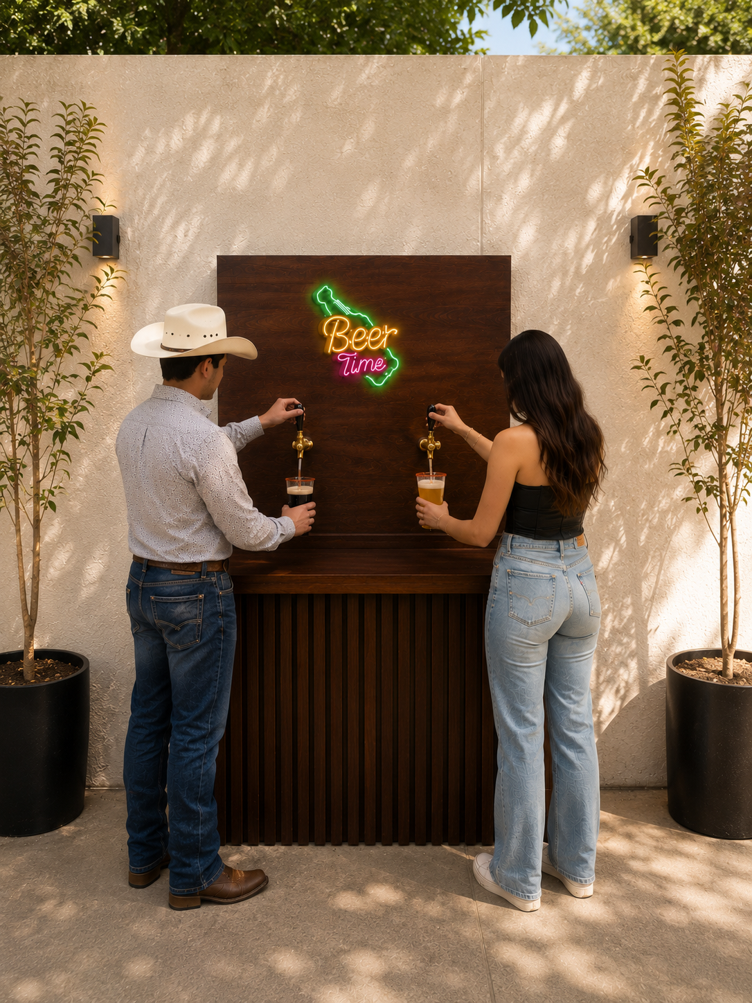Barra para Cerveza de Barril con 2 Tomas y Letrero Neón LED | Madera Natural 1.2 m