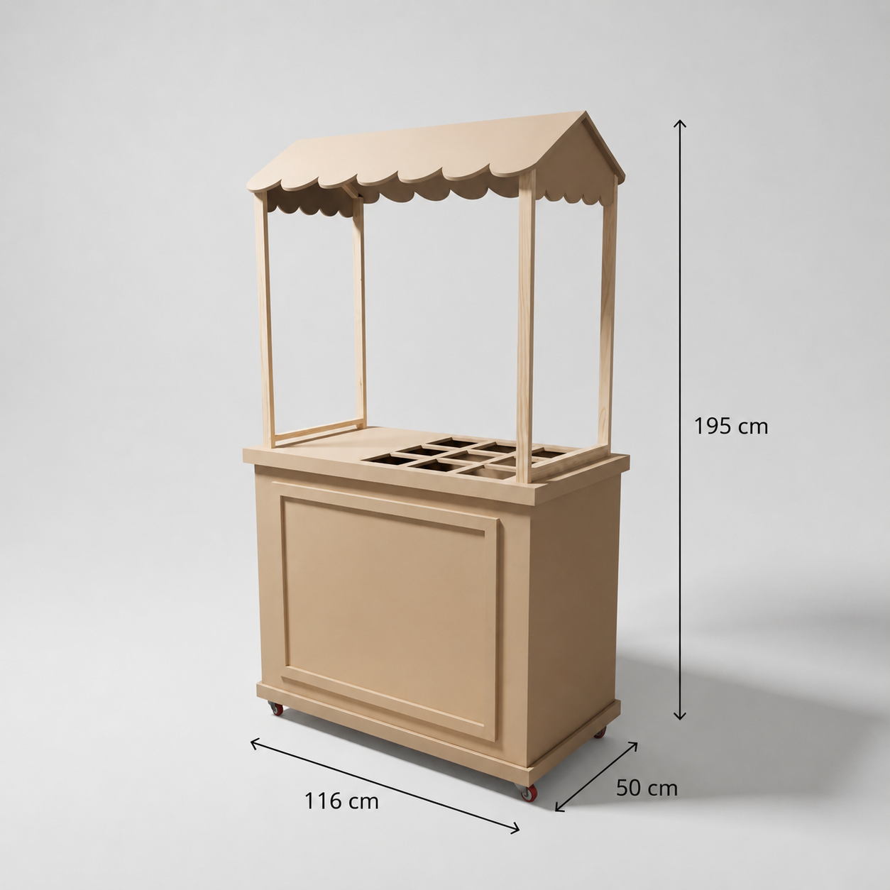 Carrito de snacks desarmable MDF natural con toldo