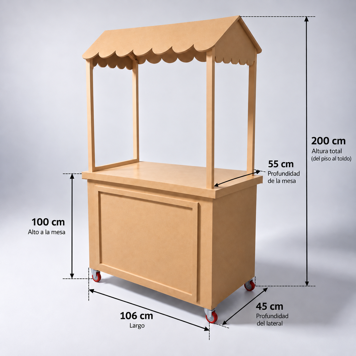 Carrito de snacks desarmable tapa lisa MDF con toldo