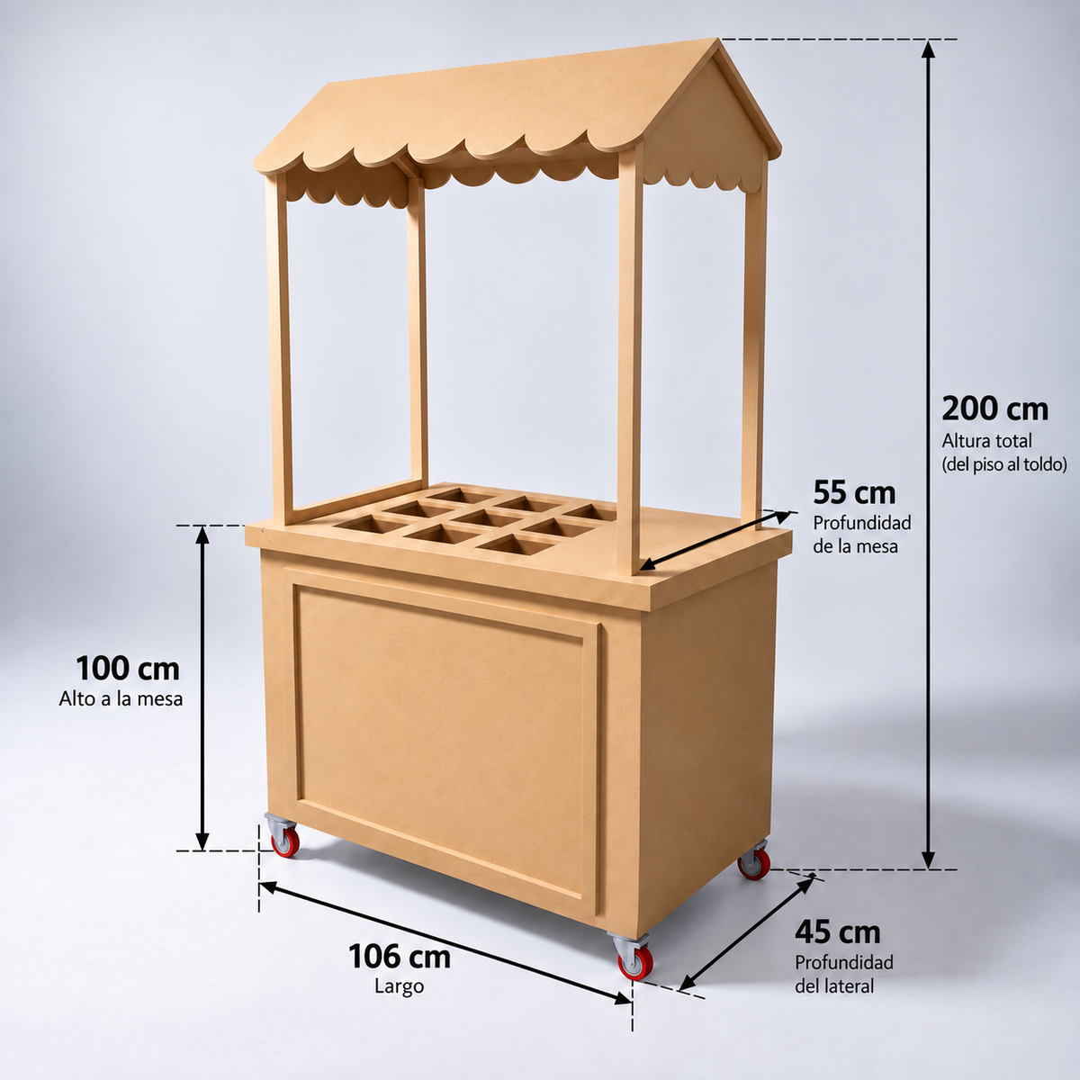 Carrito de snacks desarmable MDF natural con toldo